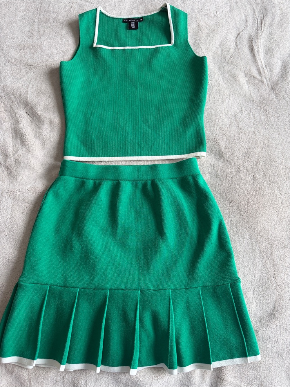 Sincerely Jules Emerald Green Two-Piece Knit Set with White Trim